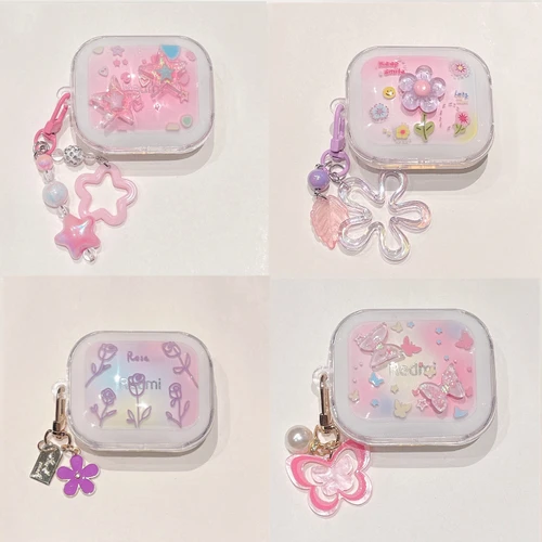 Funda para auriculares Redmi Buds 6, bonita funda para auriculares con gradiente colorido DIY de flores/mariposas/estrella/tulipán con llavero para niñas