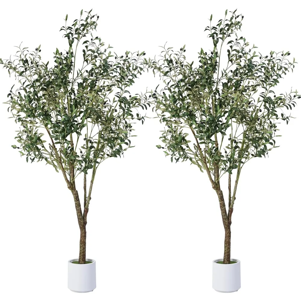 

Artificial Olive Tree 6FT, Indoor Fake Silk Plant with Realistic Trunk, Leaves, Fruits and White Planter, Faux Potted Tree