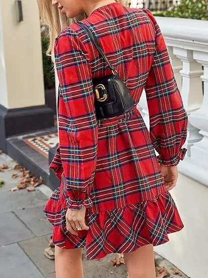 Abito casual scozzese con scollo a V Manica a palloncino con volant Orlo con cintura Abito con cintura Cravatta in vita Abito fluido a trapezio Abiti midi Boho vintage