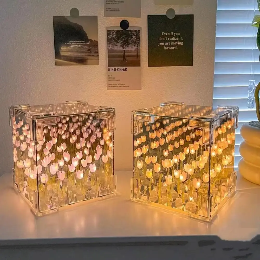 Acrylic Tulip Night Light Handmade DIY Magic Cube Tulips Flower Table Lamp 21 Flowers Mirror Birthday Gifts Excluding Gift Bags