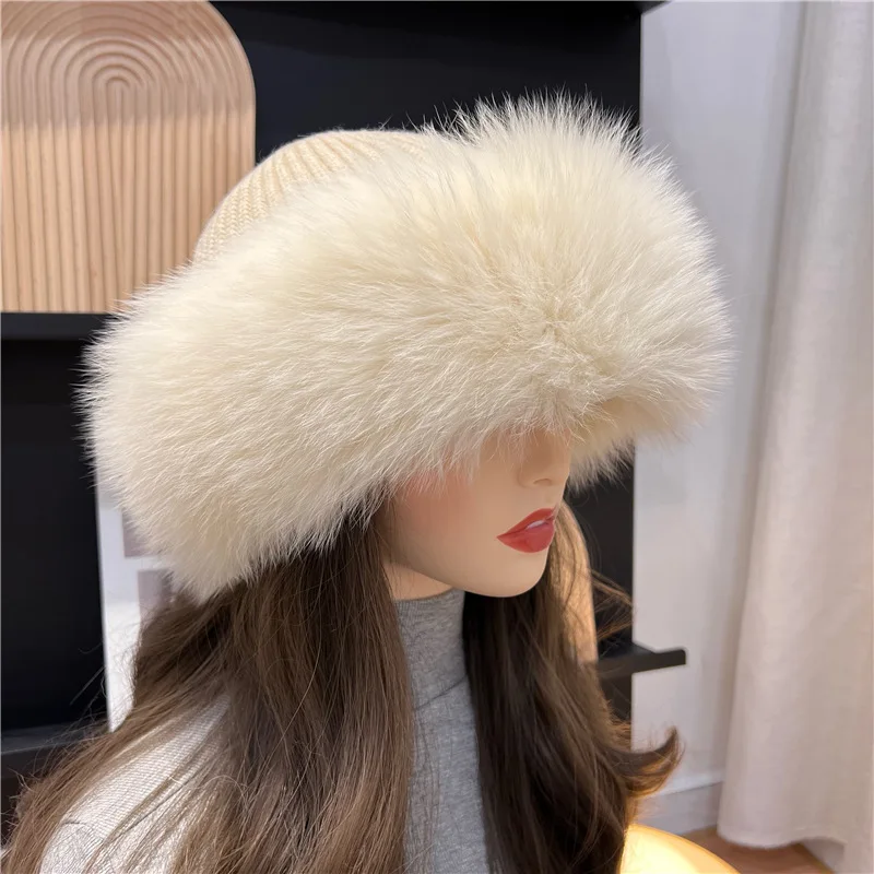 New Stylish Beanie Hats for Women Winter Warm Fluffy Bone Cap Soft Outdoor Thick Natural Fox Fur Hat Female Dome Hats