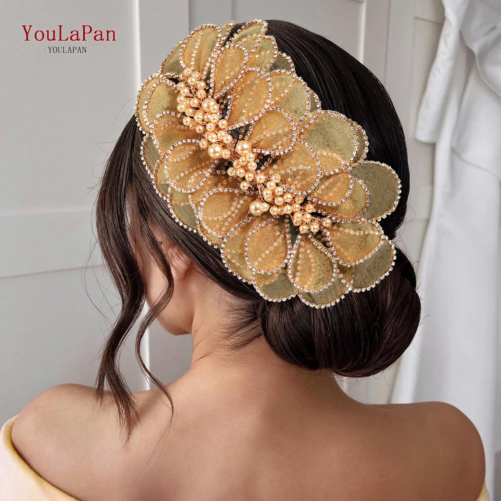 

YouLaPan Luxury Gold Color Mesh Pearl Headband Bride Headpieces Wedding Hair Jewelry Handmade Flower Headwear Accessories HP681