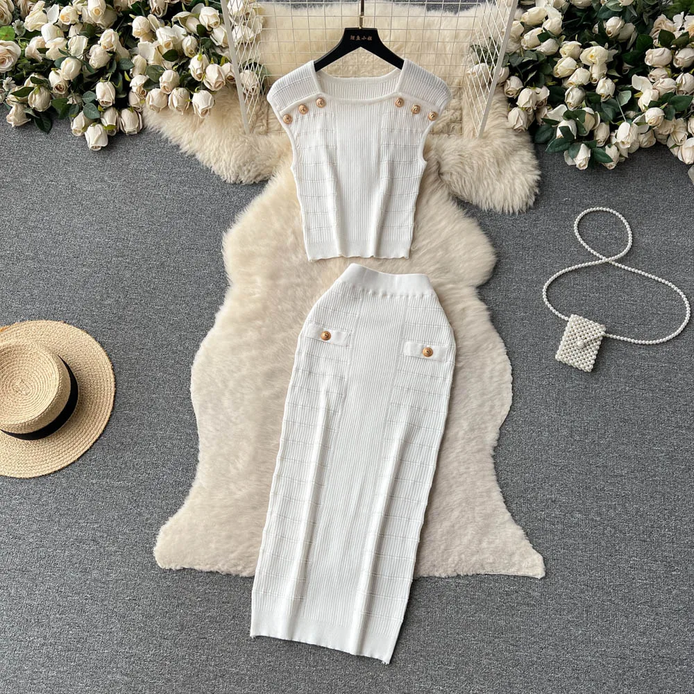 REALEFT Summer 2 Pieces Buttons Women\'s Knitted Skirts Suits Green O-Neck Tank Tops and Wrap Sheath Skirts Sets Outfits 2024 New