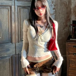 Women White Lace T-shirt Aesthetic Mesh Vintage V-Neck Lace Bow Cropped Tops Y2k Ballet Sexy Slim Fit Long Sleeve Clothes