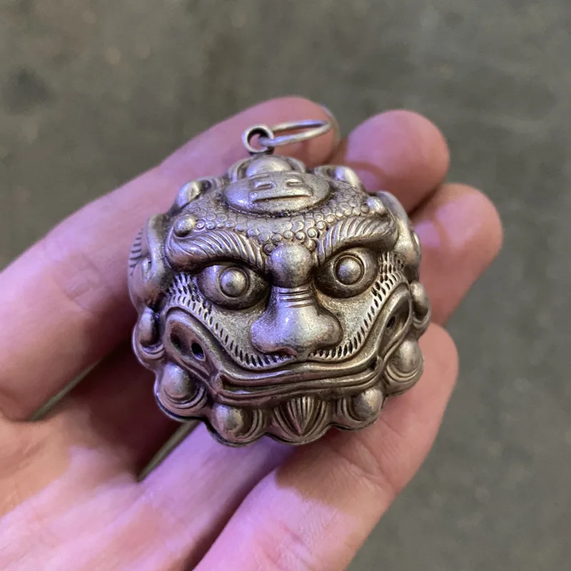 Antique Qing Dynasty Old-Style Tiger Head , Handmade Vintage White Copper Bell Pendant
