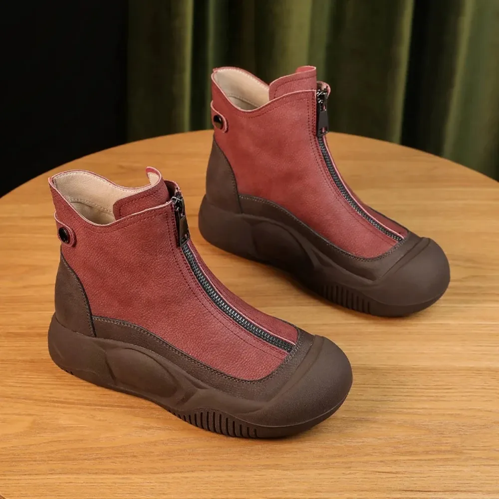 2024 35-43 Large Women\'s Shoes Genuine Leather Retro High Top Shoes Women\'s Winter New Thick Sole Cake Short Boots for Women