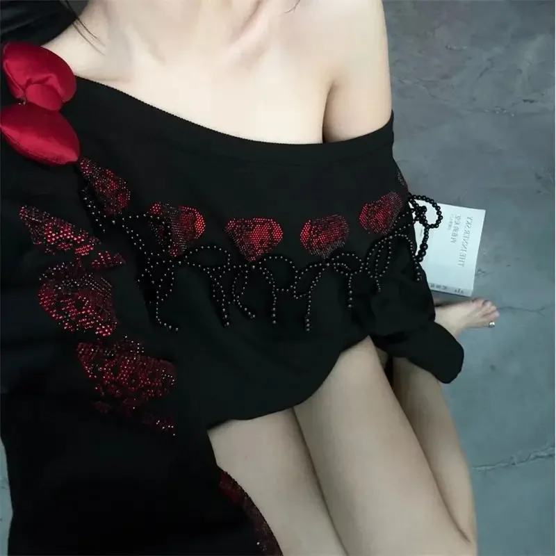 Sanrio Hello Kitty Print Off-shoulder Sweatshirt Y2k Spring Sexy Hot Girls Long Sleeve Shirt Fashion Loose Women's Diamond Top