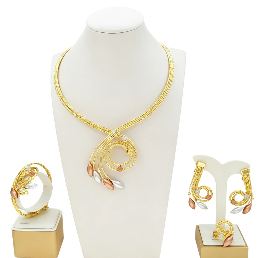 Brazilian Gold Plated Tri-Color Mesh Chain Jewelry Set Spiral Circle Teardrop Leaf Pendant Full Statement Wedding Jewelry Set