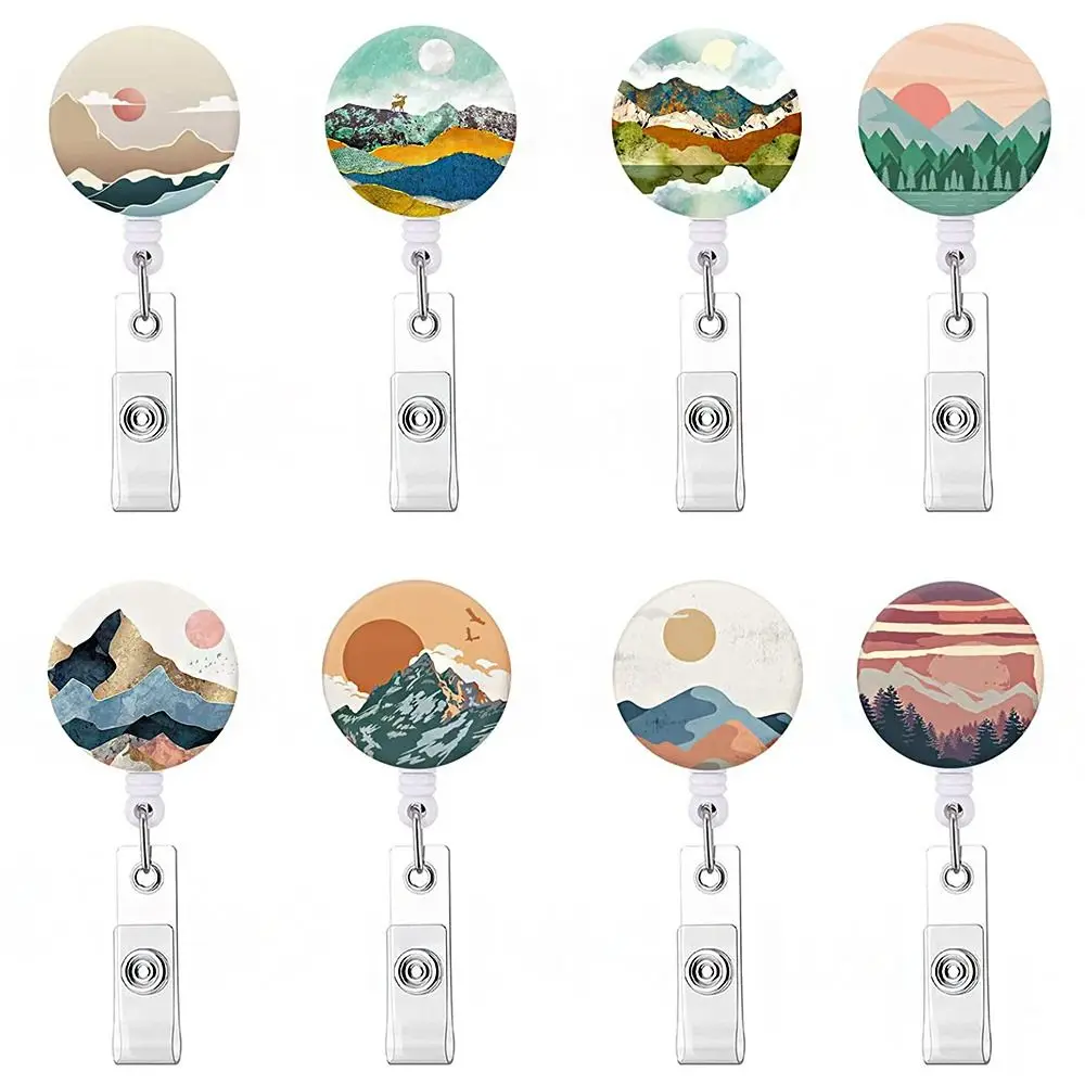 Painting Badge Reel Clip Charms Jewelry Gold Foil ID Badge Clip Sunrise Badge Reel Reels Keyring Card Badge Holder ID Lanyard