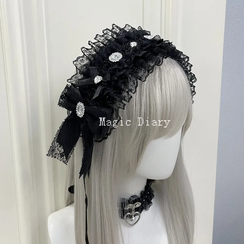 

Japanese Subculture Anime Gothic Lace Headbands for Women Lolita Sweet Hair Accessory Dark Girl Rhinestone Beaded Bow Hairband