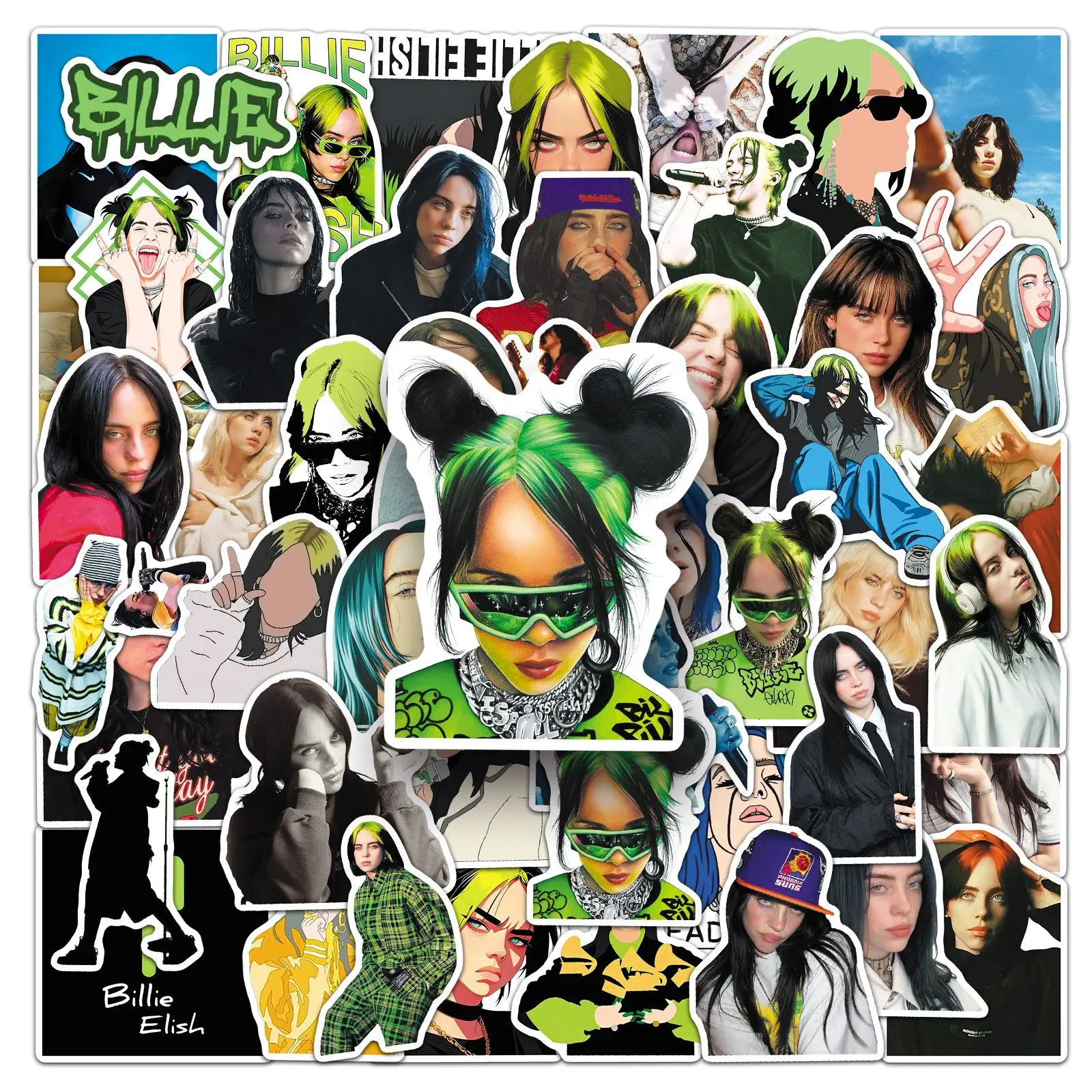 

50 Billie Eilish Stickers, Featuring European and American Celebrity Singer Billie Eilish Waterproof Decorative Stickers