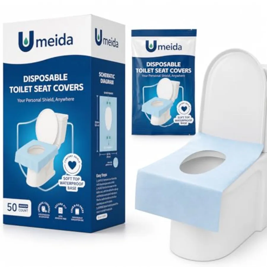 

50 Count Disposable Toilet Seat Covers, XL Waterproof Travel Pack, Center Strip Stays Attached, Adhesive Tabs, Individually Wra