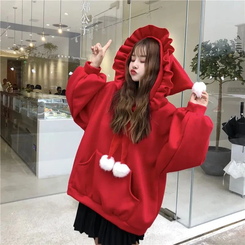 Winter Christmas Women Long Sleeve Hooded Sweatshirt Cute Sweet Fairycore Loose Fashion All-match Oversized Clothes New Year Red