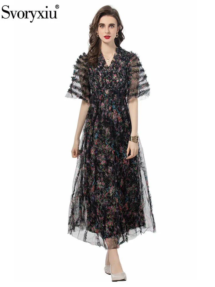 

Svoryxiu Runway Fashion Summer Party Black Vintage Long Dress Women's Flounces Collar Floral Embroidery Net Yarn Big Swing Dress