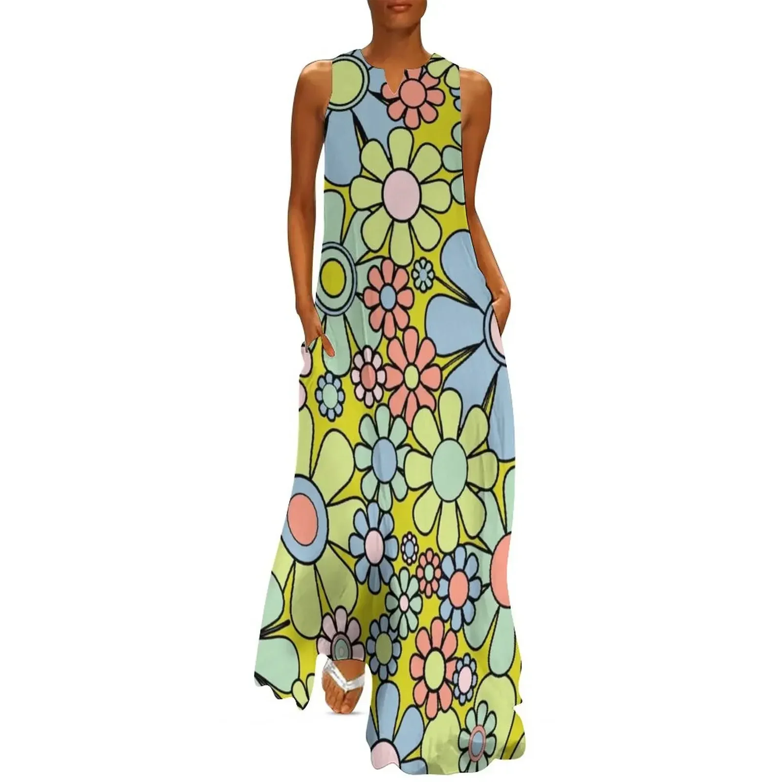 

Retro Garden Flowers 60s 70s Spring Pastel Floral Pattern Green Chartreuse Blue Pink Long Dress luxury woman party dress Dress