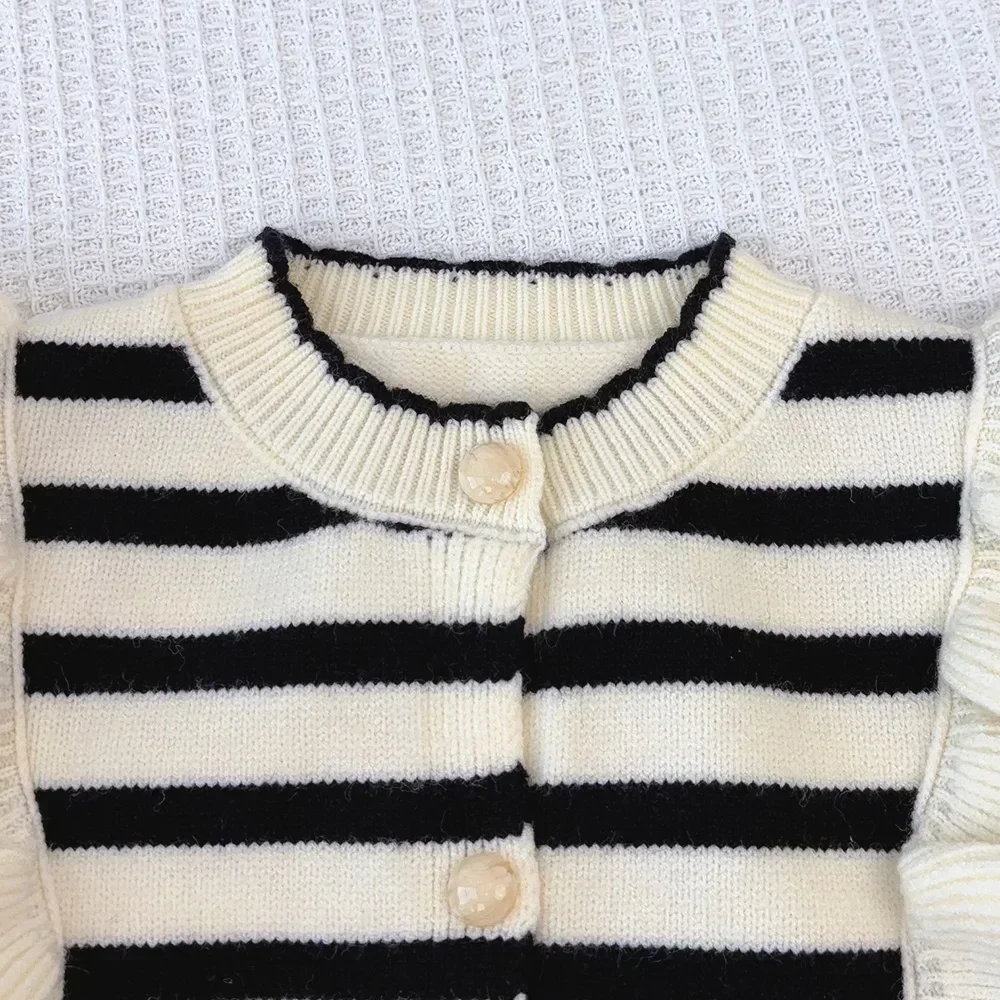 Children\'s Clothing Daily Striped Black Fungus Edge Knitted Cardigan+Solid Color Short Skirt Two-piece Sets Kids Clothes Girls