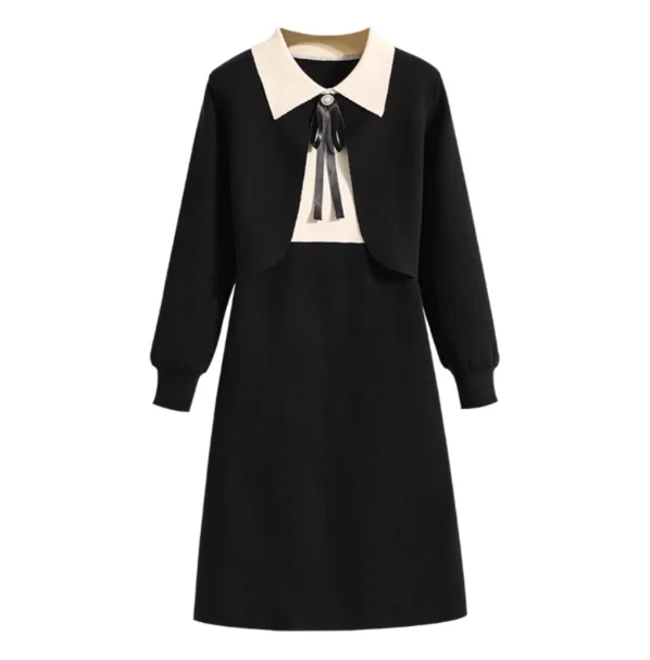 Abiti versatili alla moda lavorati a maglia autunnali da donna di grandi dimensioni Temperamento Fiocco Dolce manica lunga Abito giapponese in due pezzi finto nero