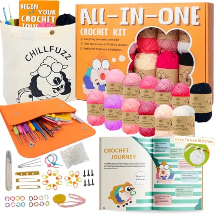 

Набор для вязания крючком для начинающих, 85 предметов, полный комплект с пряжей, крючками, книгой с схемами, набор для начинающих вязальщиц для взрослых и с видеоуроками.