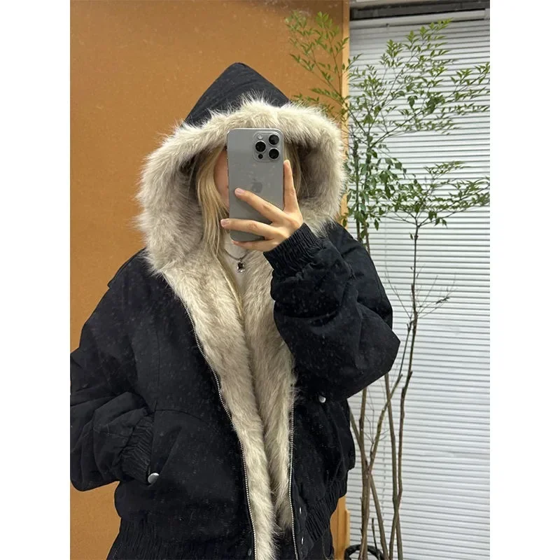 2024 Autumn/Winter Retro Collar Hooded Jacket Women's Y2K Street Wear Winter Velvet Thickened Warm Harajuku Loose Casual Jacket