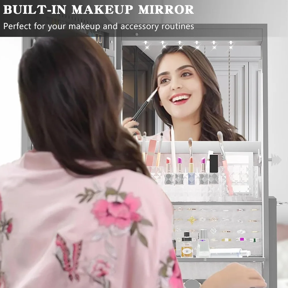 "60° Rotating LED Jewelry Armoire with Full-Length Mirror - Lockable Floor Cabinet with Storage Shelves",Customized,Customized