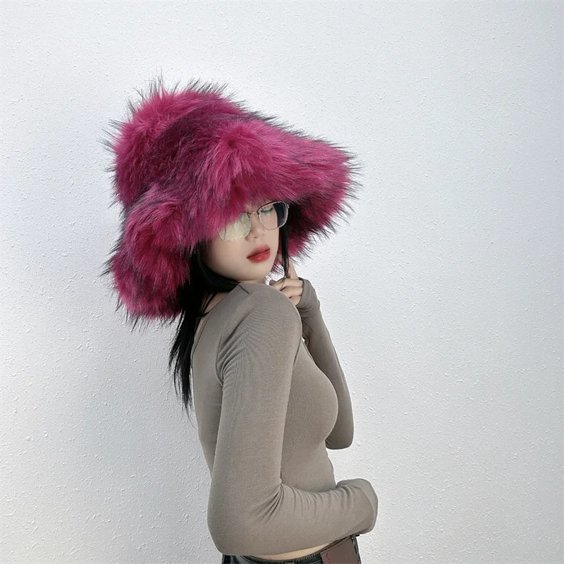 Sombrero de piel sintética Y2K para mujer, gorros de piel de mapache de lujo, sombrero de piel peluda, gorra de esquí rusa para exteriores, moda de invierno, 2023