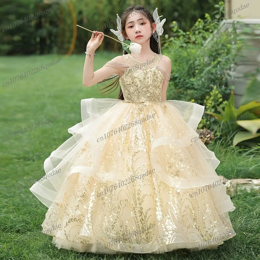 

Champagne Princess Special Occasion Flower Girl Dress Wedding Pary Prom Birthday First Communion Baby Child Kid Pageant Gown A28