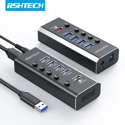 RSHTECH USB Hub 4 Port USB 3.0 Data Hubs 5Gbps Syncing Data Transfer Support Fast Charging Aluminum USB Splitter with Switches