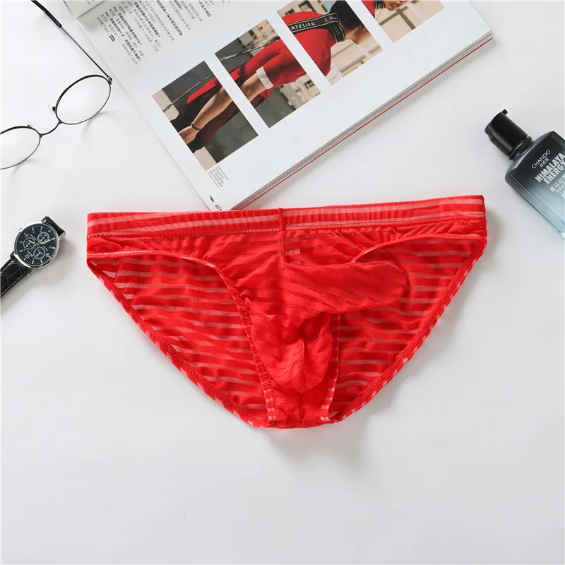 Men\'s Stripe Mesh Underpants Elephant Nose Pouch Briefs Ultra-Thin Bikini Slip Homme Ice Silk Transparent Jockstrap Tanga Slip