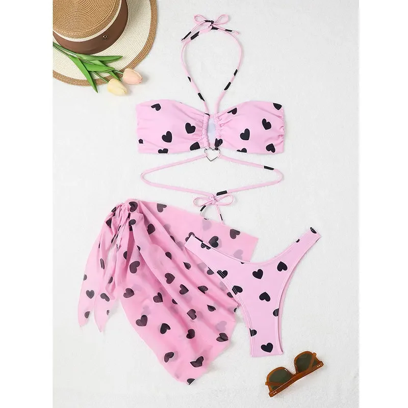 Kobiety 3pack Heart Print Bikini Sets With Skirt Bandeau Swimsuit Thong Swimwear Beach Cover-Up Push Up Biquinis 2024 Strój kąpielowy