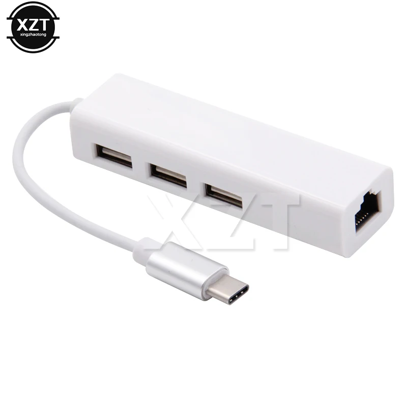 USB 3.1 HUB Tipo C para Ethernet LAN, Placa de rede RJ45, Adaptador com 3 Portas, Hub Splitter para Macbook Notebook, 100Mbps