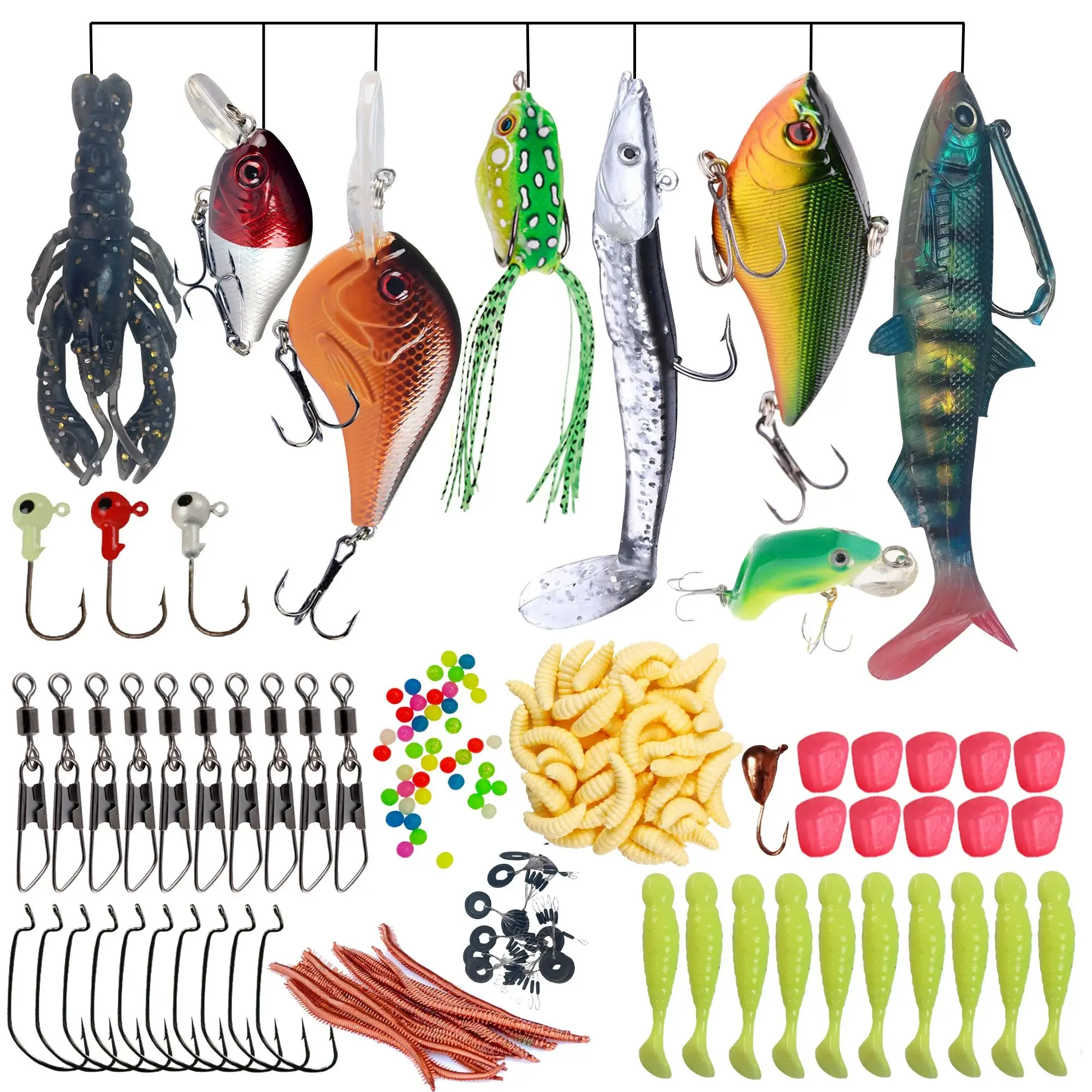 

100pcs Fishing Lures Kit Soft Tail Baits Minnow Crankbaits Spinner Fishhook Swivels Beads Fishing Frogs Jigs Swimbaits for Bass