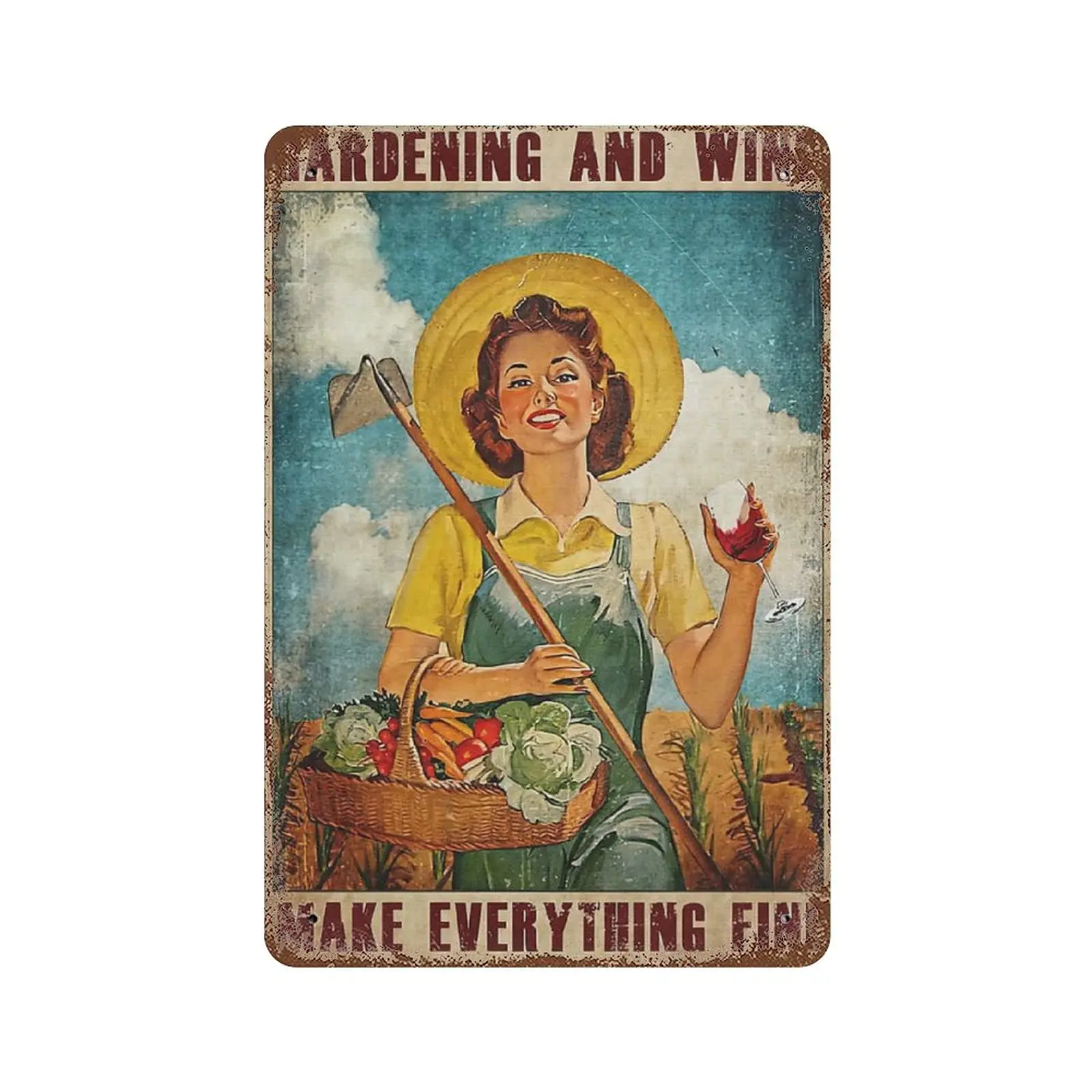 Dreacoss Metal tin Sign，Retro Style， Novelty Poster，Iron Painting，Gardening and Wine Make Everything Fine Father's Day Mothe