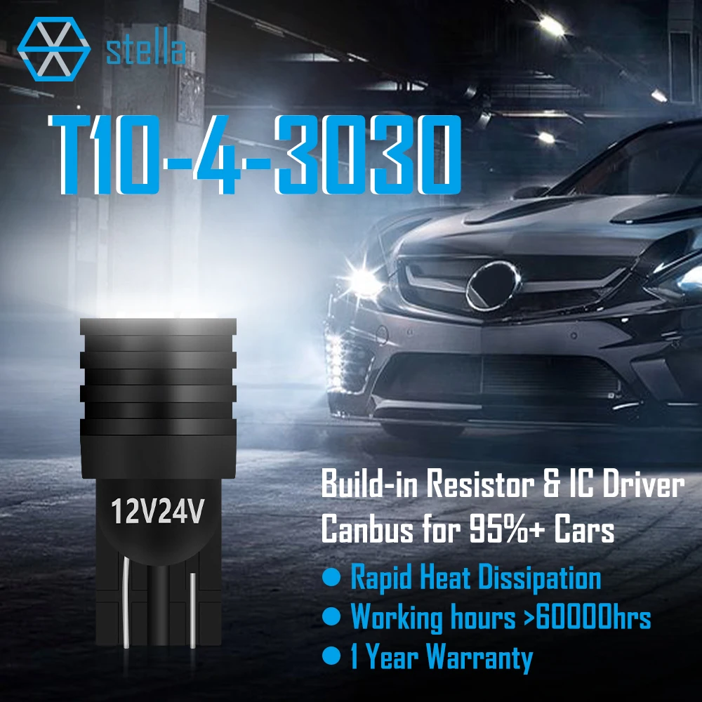 Stella 2pcs T10 หลอดไฟ LED W5W สัญญาณอัตโนมัติ 4*3030 ชิปสีขาว/น้ําแข็งสีฟ้า CANbus สําหรับ 12 V/24 V ภายในรถโดมโคมไฟ