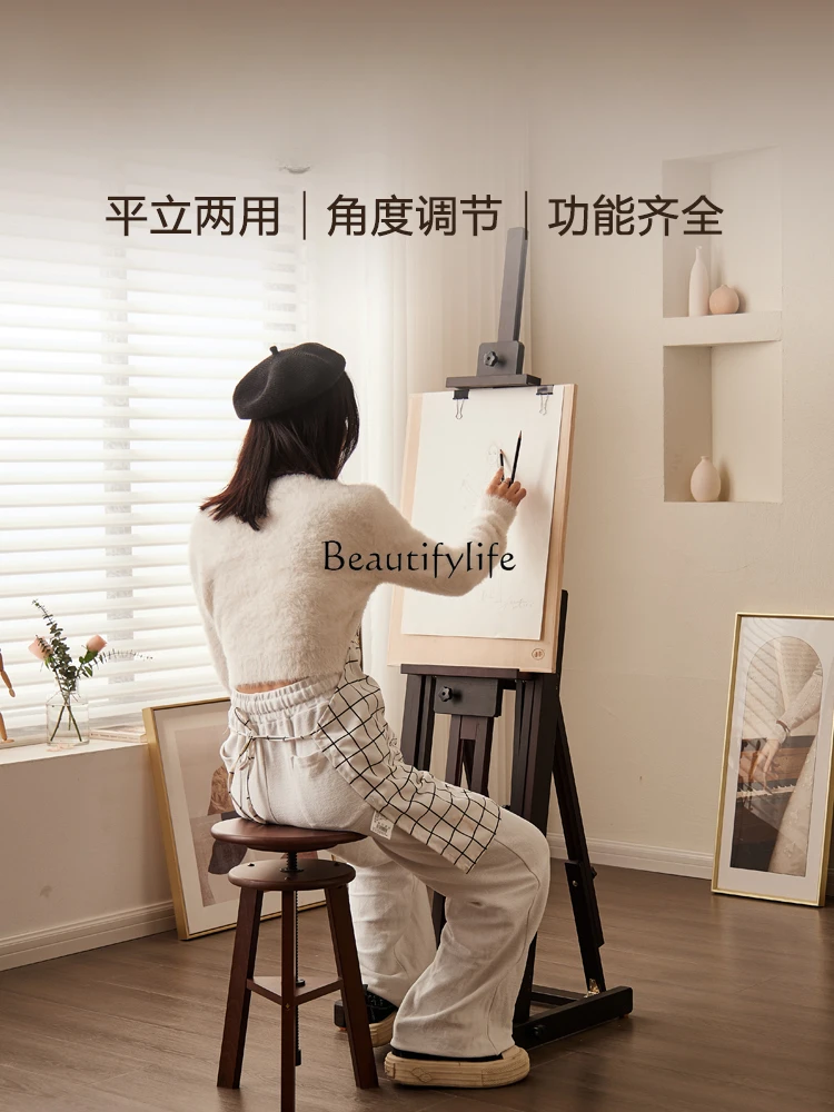 Solid Wood Oil Painting Easel Floor Sketch Painting Drawing Board Stand Flat Dual-Use All Wooden Household