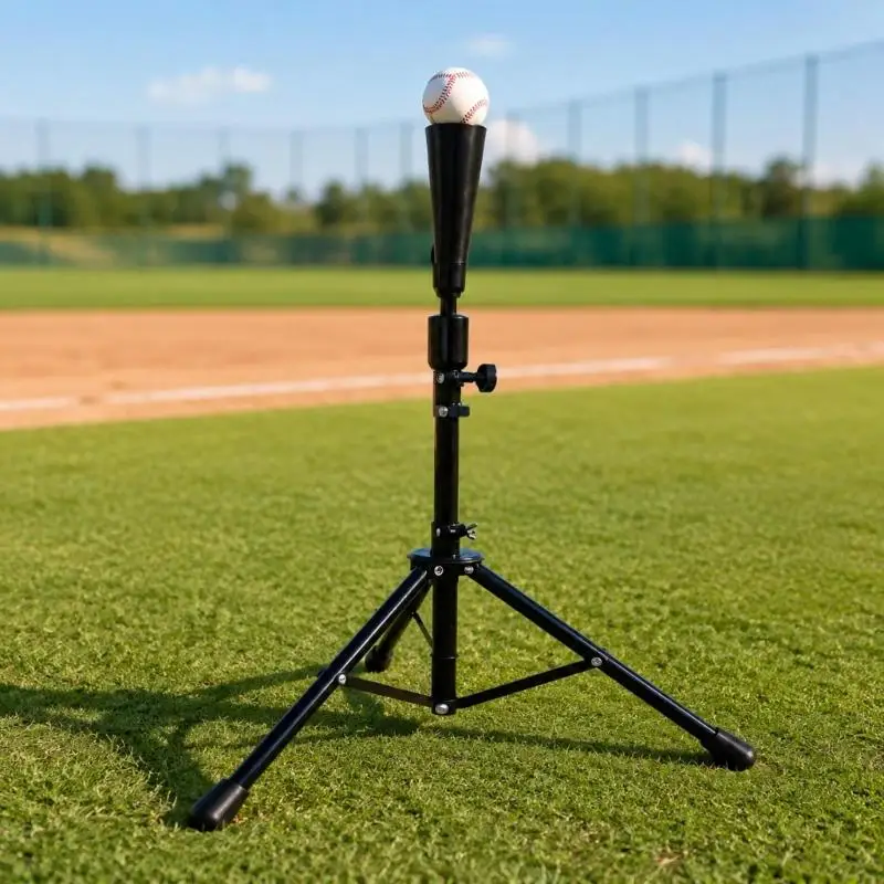 Foldable Baseball Batting Stand with Three-Leg Iron Base, Tapered Ball Holder and Height-Setting Post for Personal Swing 24BD