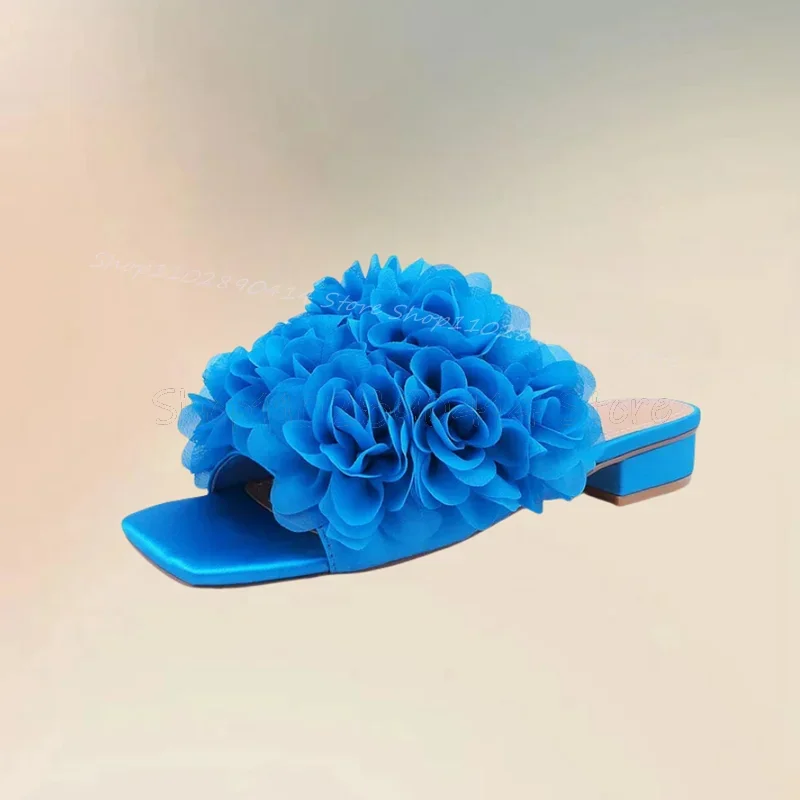 

Blue Rose Appliques Decor Open Toe Slippers Slip On Women Shoes Chunky Heels New Fashion Party Banquet 2025 Zapatos Para Mujere