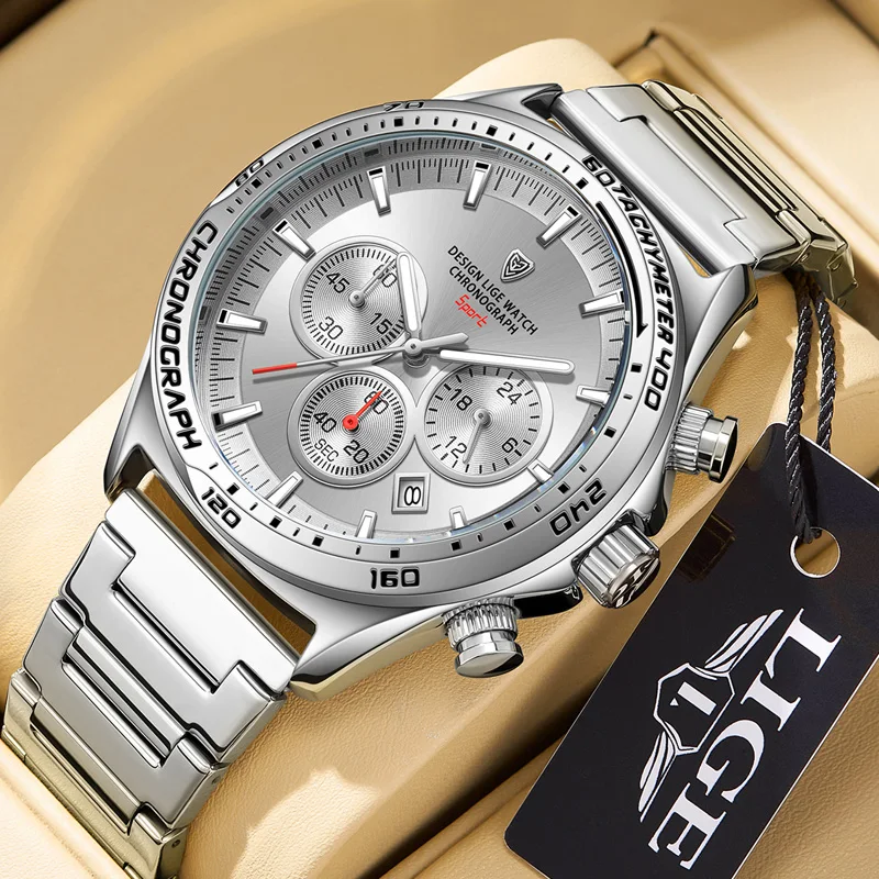 

LIGE Luxury Man Wristwatch Waterproof Luminous Chronograph Watch for Men Stainless Steel Men's Quartz Watches Reloj Hombre+Box