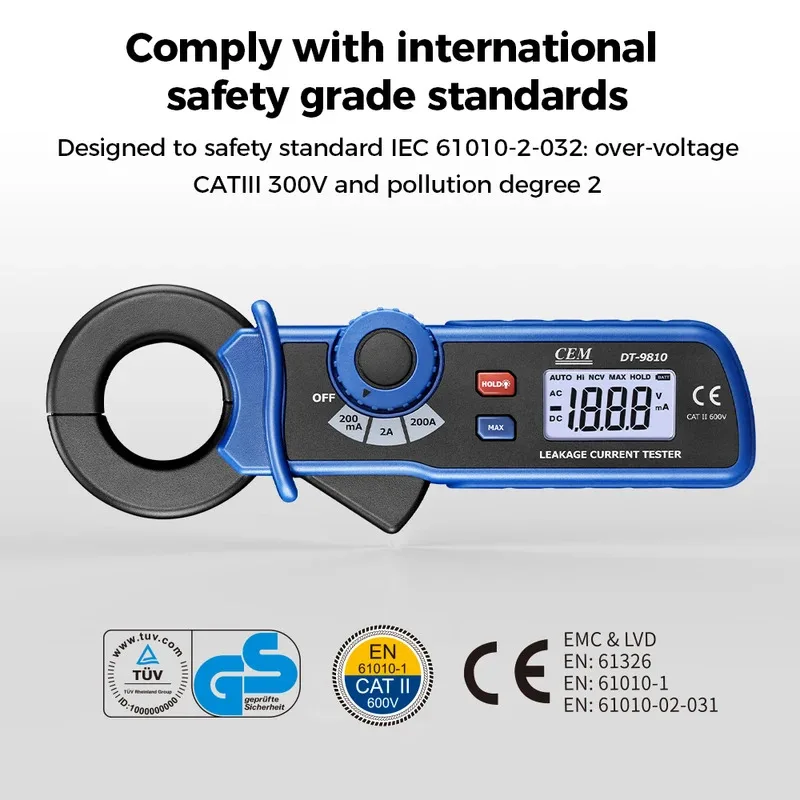 CEM DT-9810 Mini probador de corriente de fuga de CA pantalla multímetro Digital probador de pinza amperimétrica automática