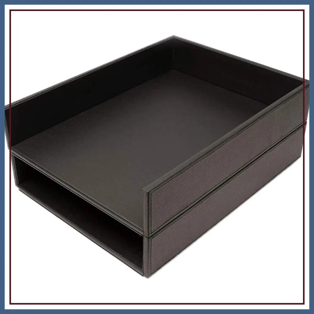 

Stackable Two Paper Trays Desk Organizer - Leatherette Clutter Organizer for Home Office Personal Employee Files
