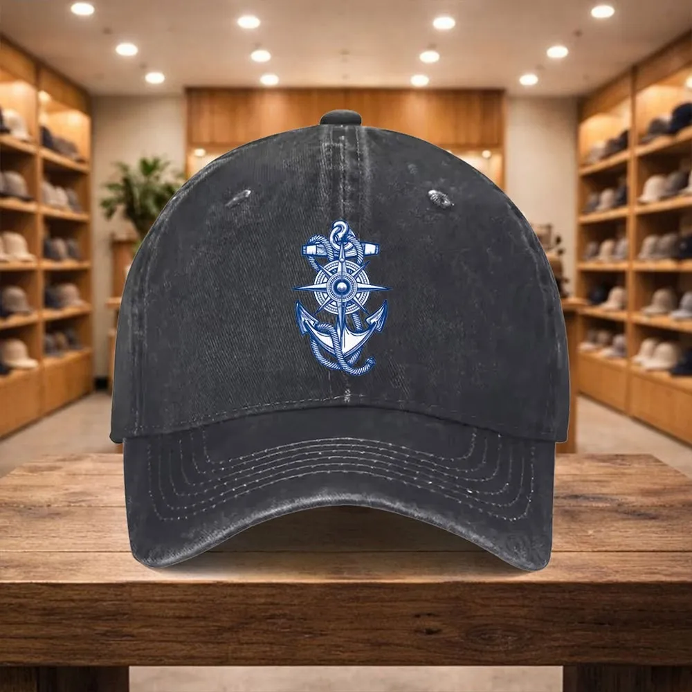 Nautical Anchor Compass Washed Baseball Cap Adjustable Cotton Snapback Hat
