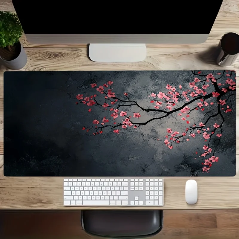 Black Cherry Blossom Gaming Mouse Pad, Large Non-Slip Desk Mat with Japanese Sakura Branch Design for Gamers & Home Office