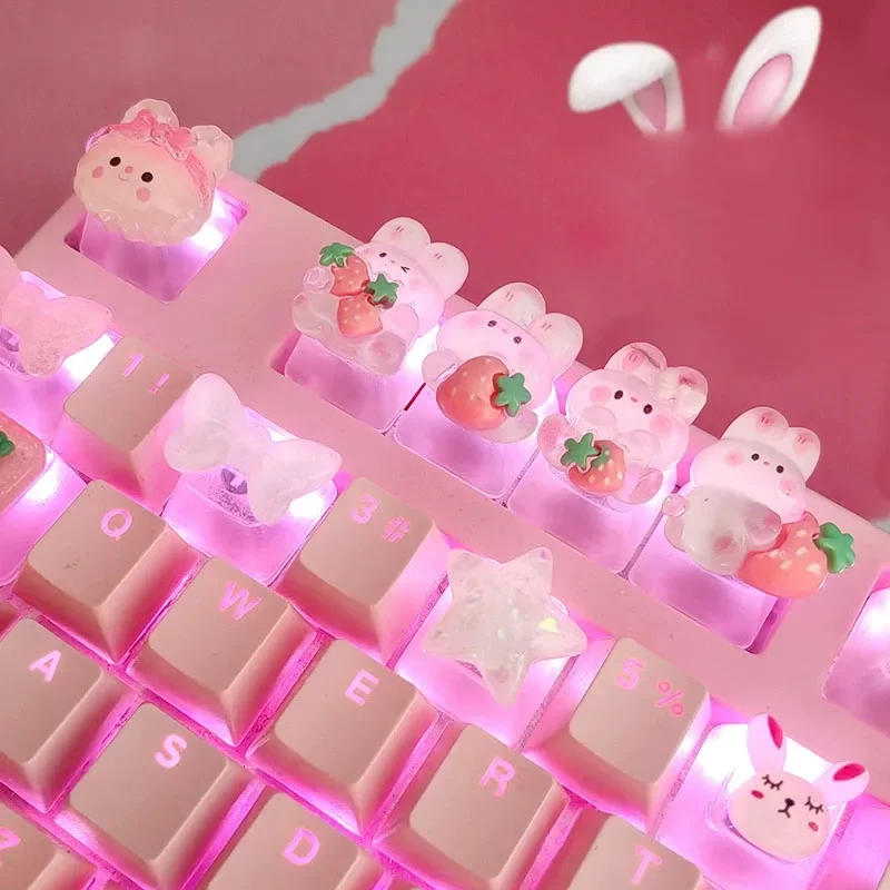 DIY Cute Cartoon Transparent Strawberry Rabbit Keycap Handmade Personalized Mechanical Keyboard Dedicated PBT Keycap