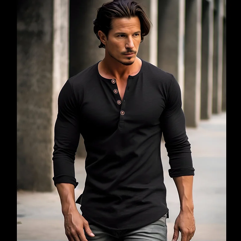 Men Clothing Tee Shirts Homme 2023 Vintage Long Sleeve Hip Hop Hipster Henley Basic Tshirts Mens Button Up Workout Camisetas Top