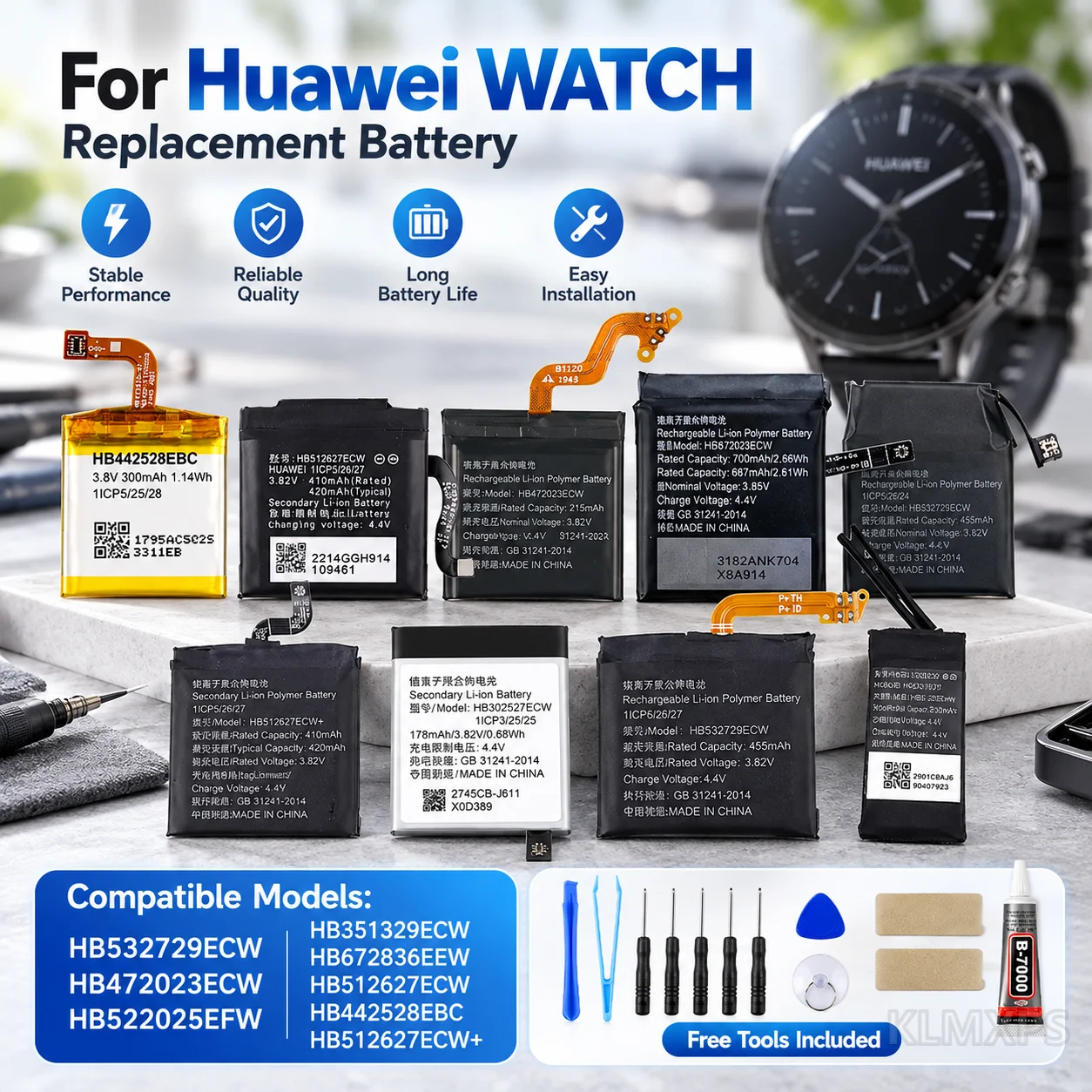 Smartwatch Replacement Battery For Huawei Watch GT 2/GT 3/Watch 4X Band 3 Pro Honor MagicGT GS Pro 42/46mm With Tool Kit