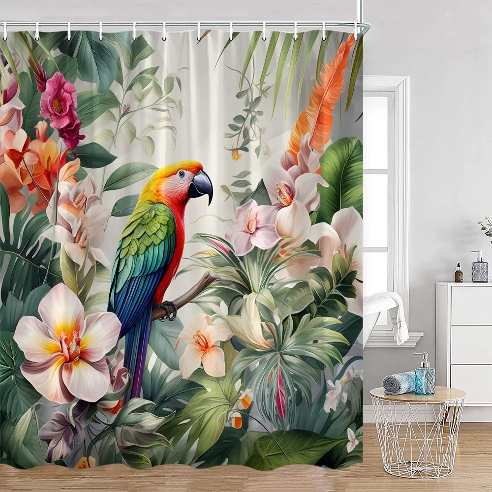 Birds Shower Curtains Parrot Hummingbird Cute Animals Tropical Leaves Spring Bathroom Curtain Polyetser Home Decoration for Bath