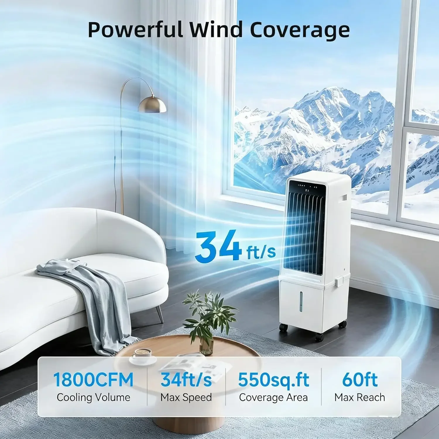 1800CFM Windowless Swamp Cooler, 4Gal Tank, 3 Speeds 4 Modes, Ambient Light, 12H Timer 120° Swing for Bedroom