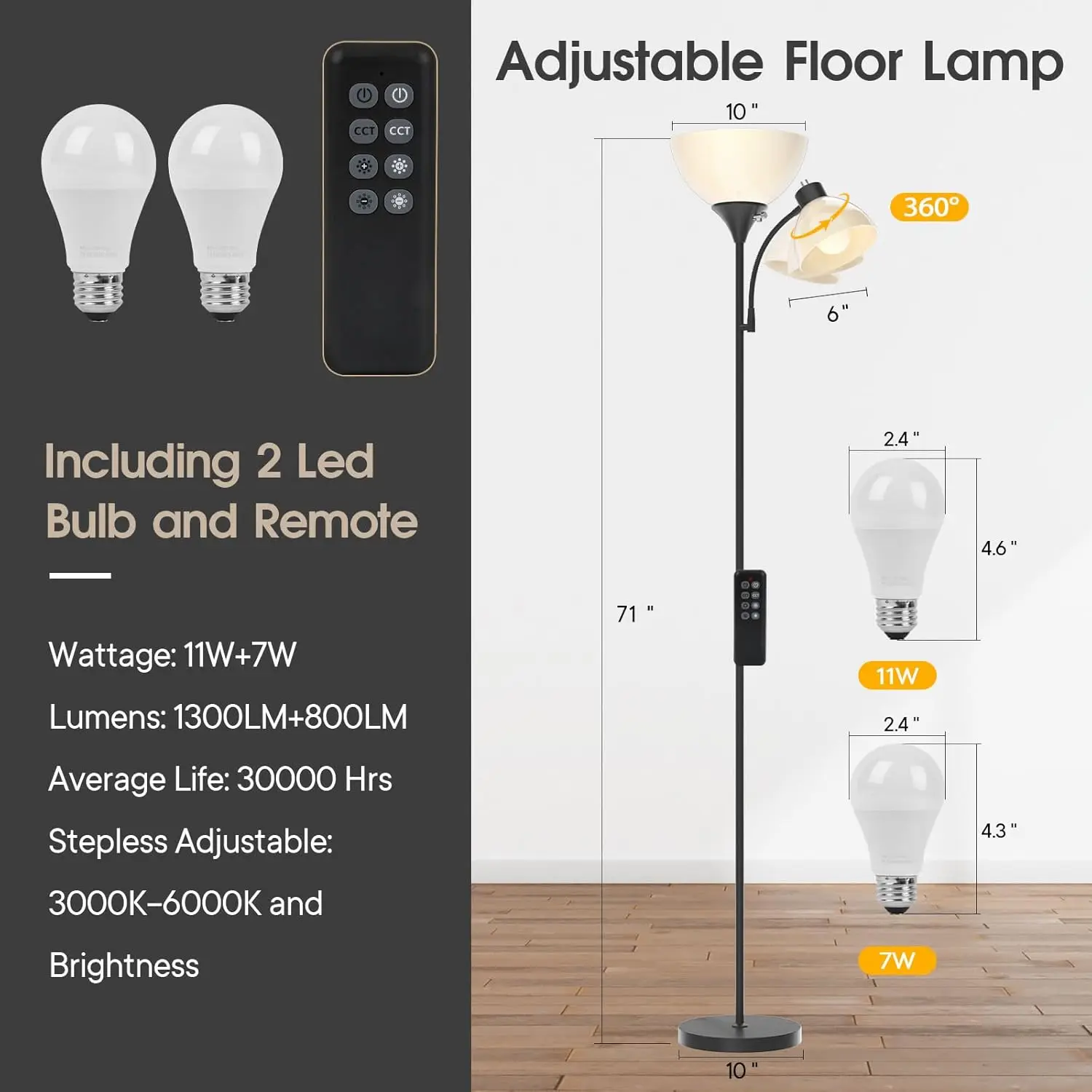 Smart LED Floor Lamp with Remote, 2100LM Brightness, 4 Color Temperatures Adjustable for Living Room Bedroom