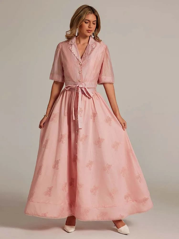 

High quality Women's Embroidery 2 Piece set 2025 Summer Stylish Beading short sleeve tops Bow shirt and Long A-line skirt 5T124