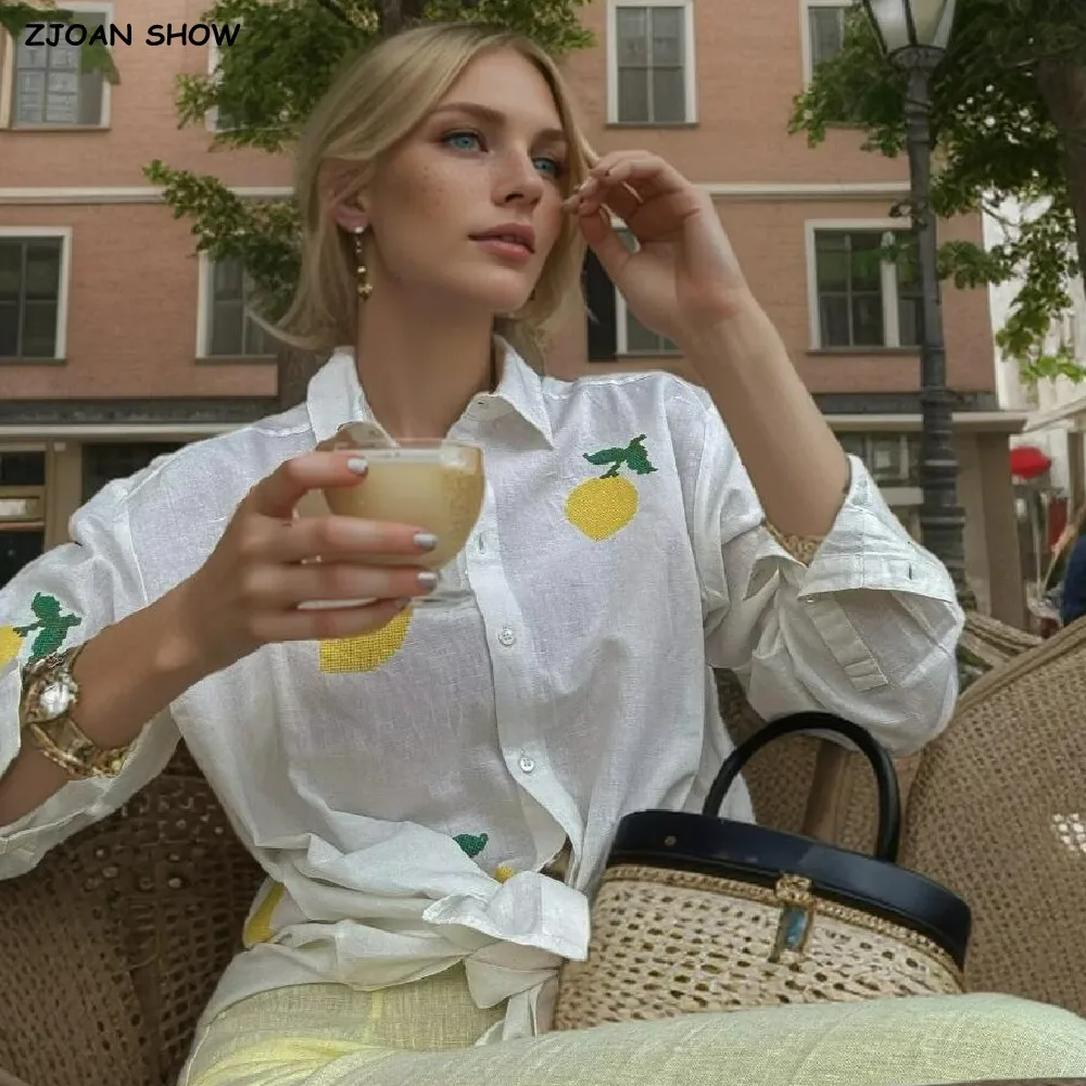 2024 CHIC autunno risvolto bianco giallo limone frutta ricamo camicia donna monopetto bottoni manica intera camicette larghe top