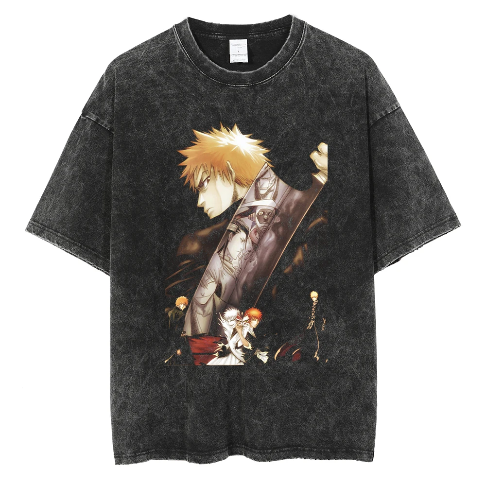 

Аниме BLEACH Kurosaki Ichigo, стираная футболка с рисунком для мужчин и женщин, футболки большого размера, винтажная хлопковая футболка, мужские топы в стиле Харадзюку